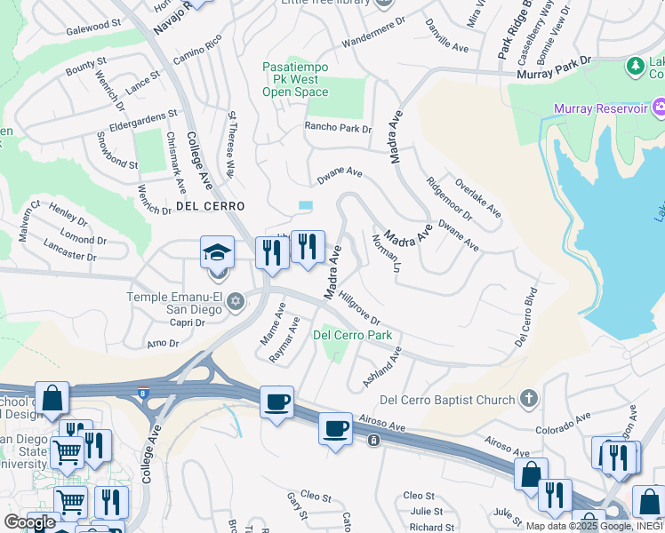 map of restaurants, bars, coffee shops, grocery stores, and more near 5771 Madra Avenue in San Diego