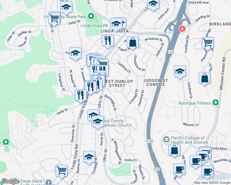 map of restaurants, bars, coffee shops, grocery stores, and more near 2201 Burroughs Street in San Diego