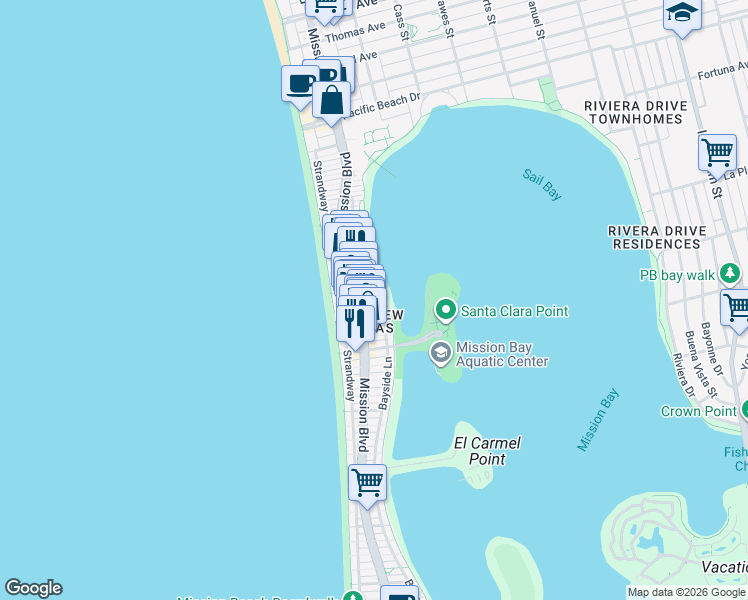 map of restaurants, bars, coffee shops, grocery stores, and more near 7150 Bayside Lane in San Diego