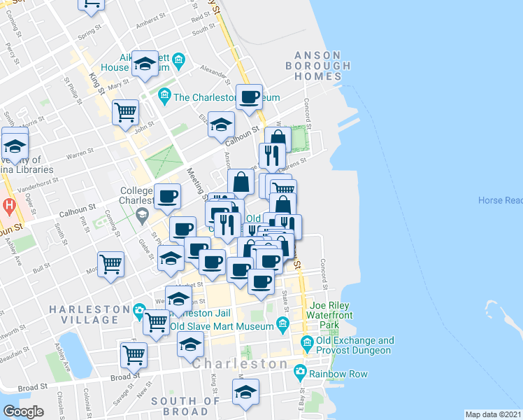 map of restaurants, bars, coffee shops, grocery stores, and more near 287 East Bay Street in Charleston