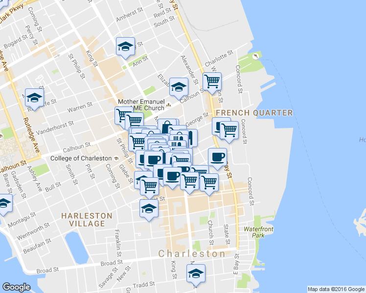 map of restaurants, bars, coffee shops, grocery stores, and more near in Charleston