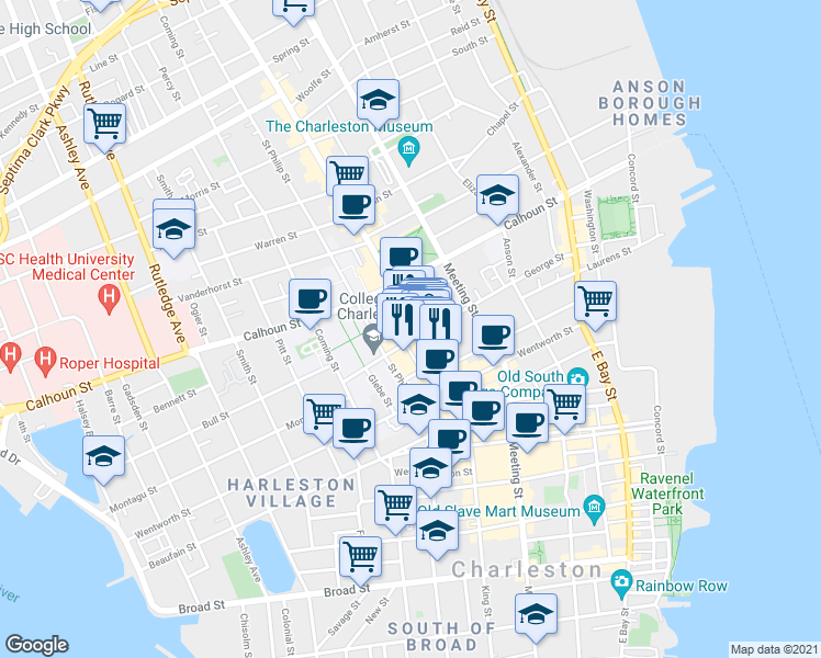 map of restaurants, bars, coffee shops, grocery stores, and more near 318 King Street in Charleston