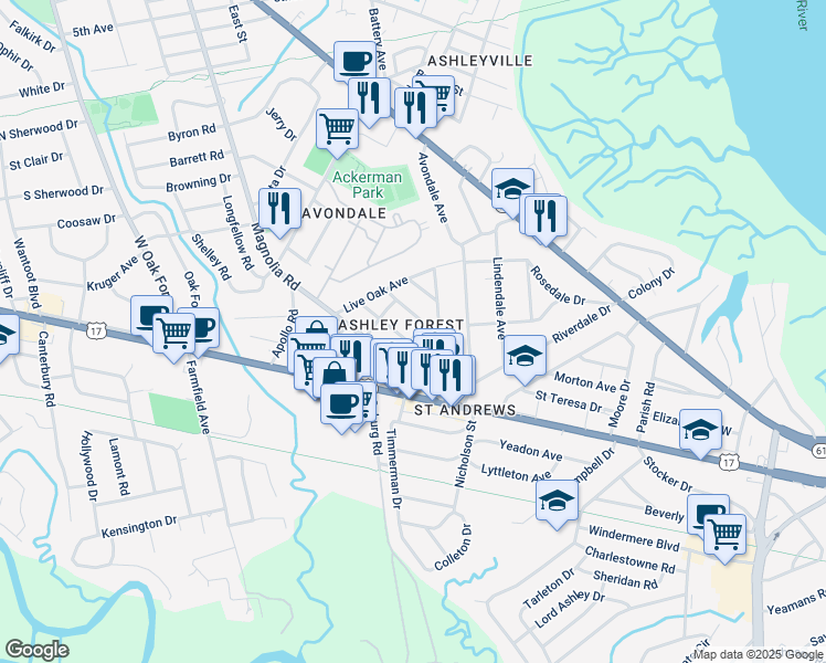 map of restaurants, bars, coffee shops, grocery stores, and more near 202 Hickory Street in Charleston