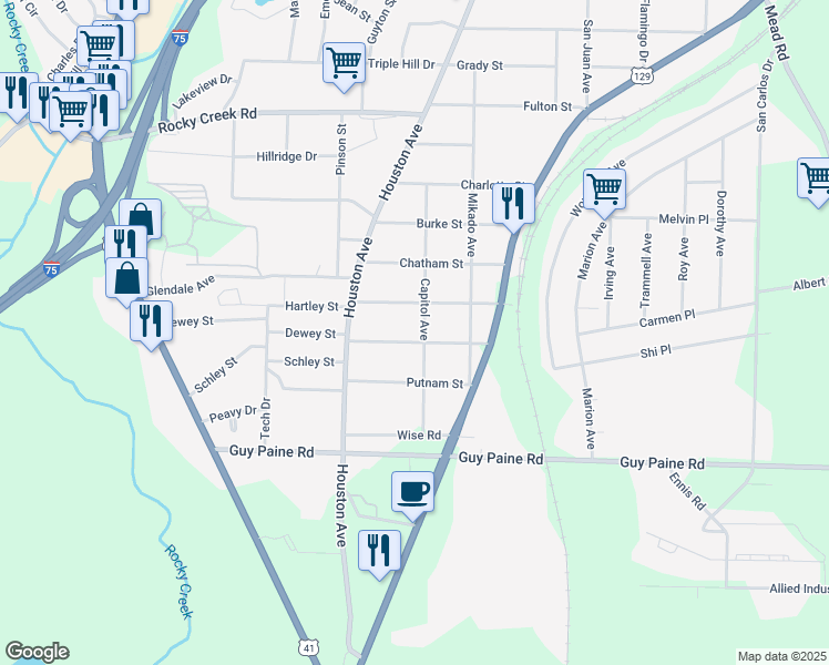 map of restaurants, bars, coffee shops, grocery stores, and more near 1016 Thomas Street in Macon