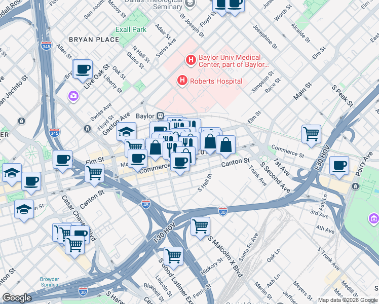 map of restaurants, bars, coffee shops, grocery stores, and more near in Dallas