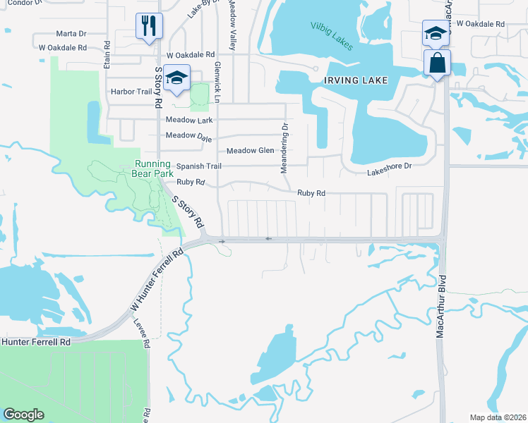 map of restaurants, bars, coffee shops, grocery stores, and more near 2728 Chaparral Street in Irving