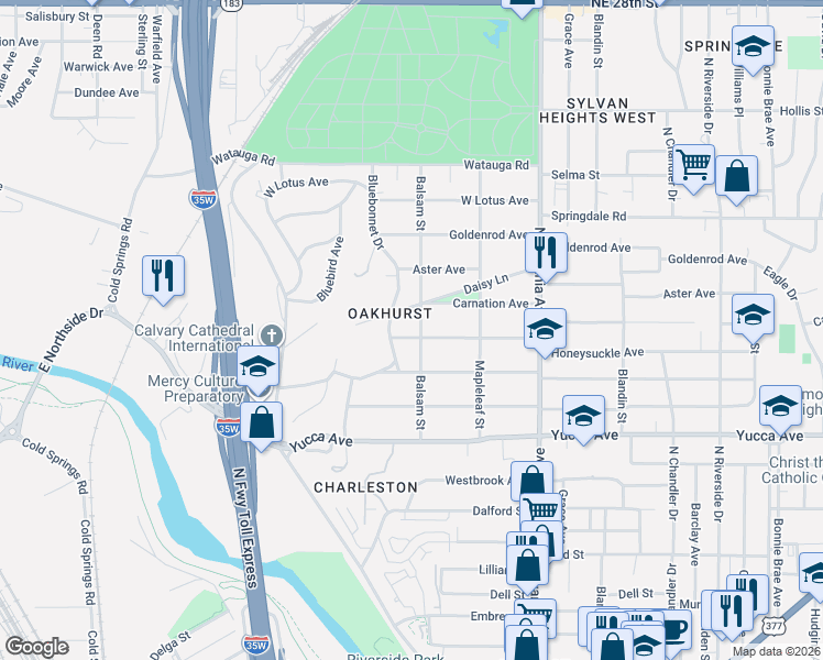map of restaurants, bars, coffee shops, grocery stores, and more near 1516 Bluebonnet Drive in Fort Worth