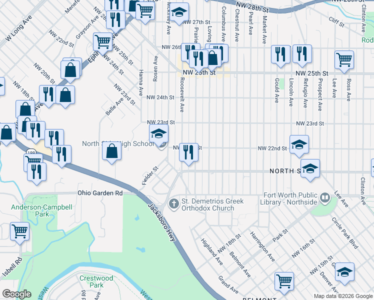 map of restaurants, bars, coffee shops, grocery stores, and more near 2114 Roosevelt Avenue in Fort Worth