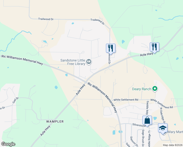 map of restaurants, bars, coffee shops, grocery stores, and more near 1624 Hill Top Circle in Weatherford