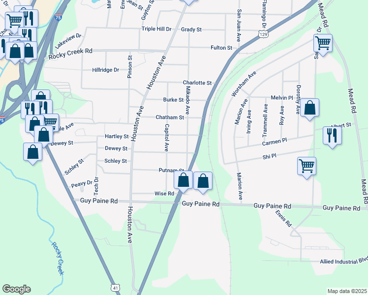 map of restaurants, bars, coffee shops, grocery stores, and more near 4385 Mikado Avenue in Macon