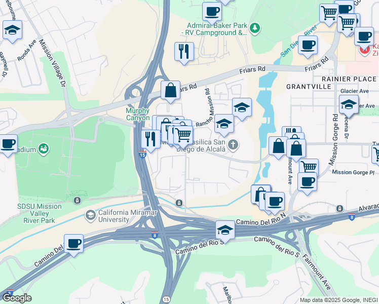 map of restaurants, bars, coffee shops, grocery stores, and more near 10505 San Diego Mission Road in San Diego