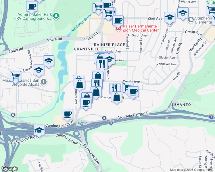 map of restaurants, bars, coffee shops, grocery stores, and more near 4525 Twain Avenue in San Diego