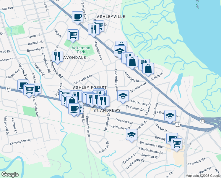 map of restaurants, bars, coffee shops, grocery stores, and more near 16 Avondale Avenue in Charleston