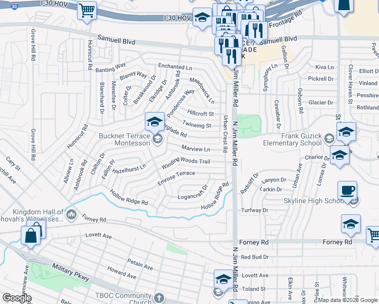 map of restaurants, bars, coffee shops, grocery stores, and more near 5823 Winding Woods Trail in Dallas