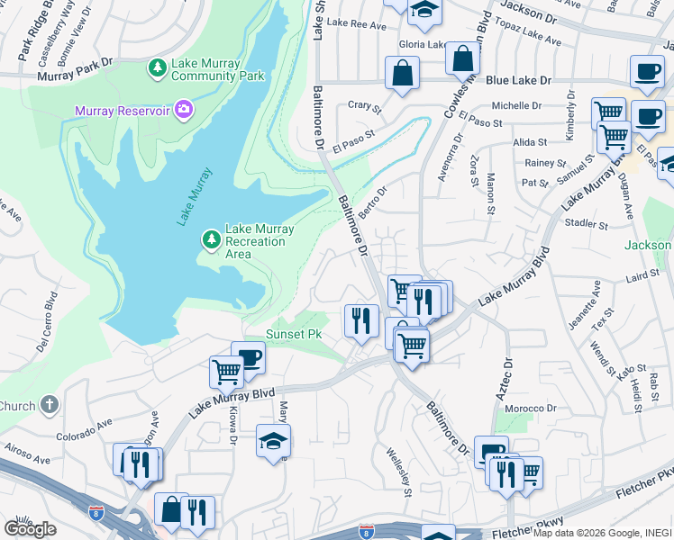 map of restaurants, bars, coffee shops, grocery stores, and more near 5700 Baltimore Drive in La Mesa