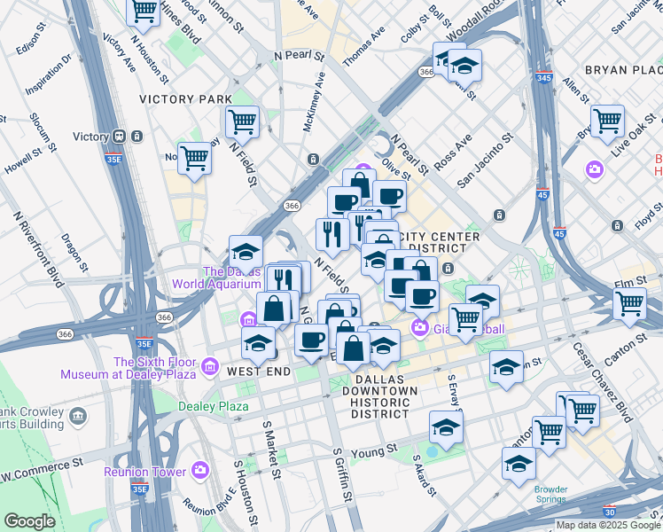 map of restaurants, bars, coffee shops, grocery stores, and more near 1800 North Field Street in Dallas