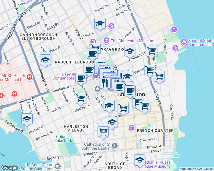 map of restaurants, bars, coffee shops, grocery stores, and more near 318 King Street in Charleston