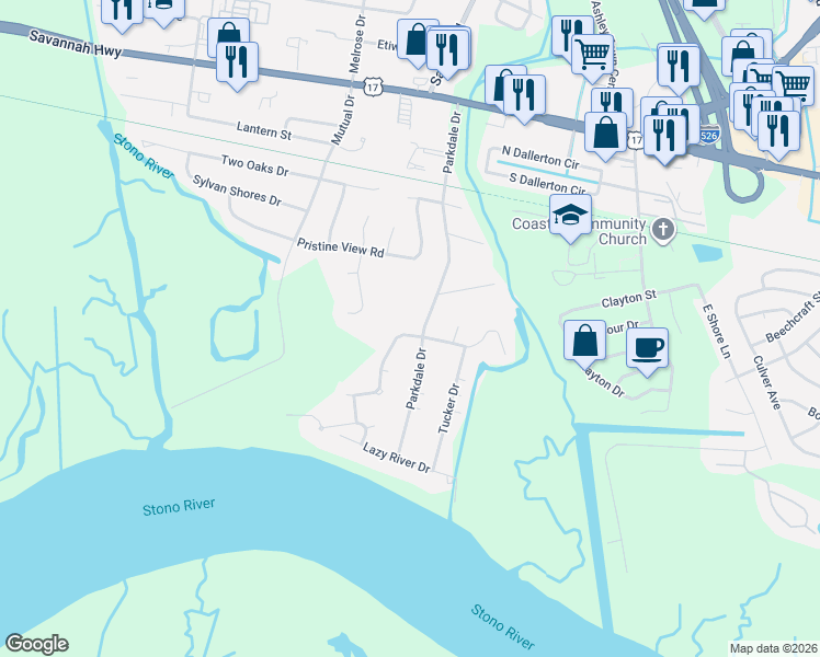 map of restaurants, bars, coffee shops, grocery stores, and more near 2320 Park Stone Drive in Charleston