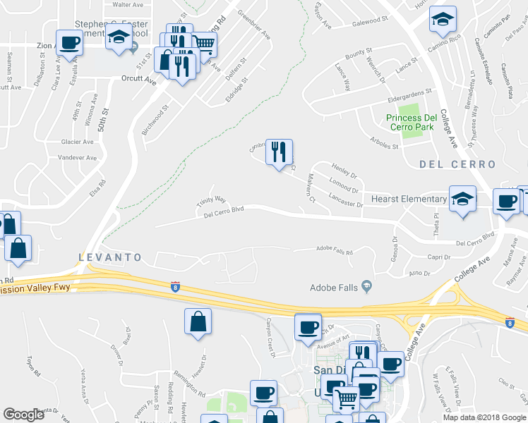 map of restaurants, bars, coffee shops, grocery stores, and more near 5703 Del Cerro Boulevard in San Diego