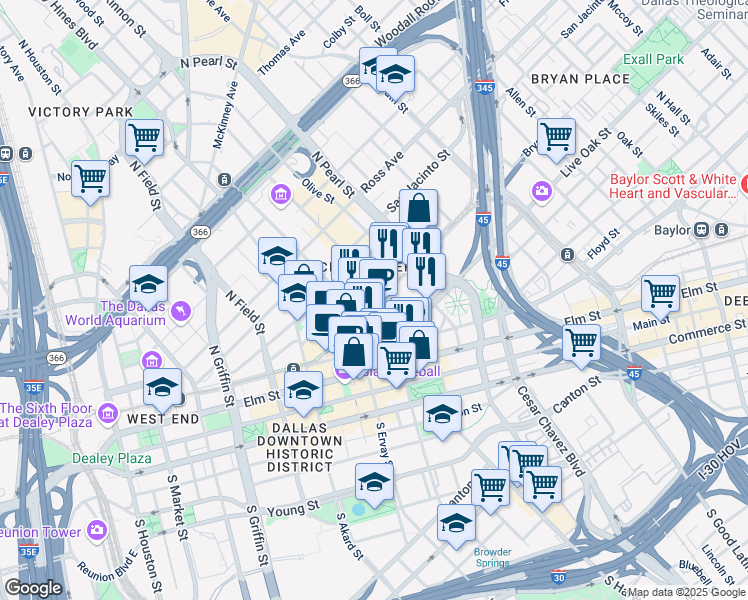 map of restaurants, bars, coffee shops, grocery stores, and more near 405 North Harwood Street in Dallas