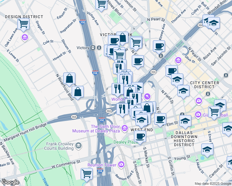 map of restaurants, bars, coffee shops, grocery stores, and more near 2200 Victory Avenue in Dallas