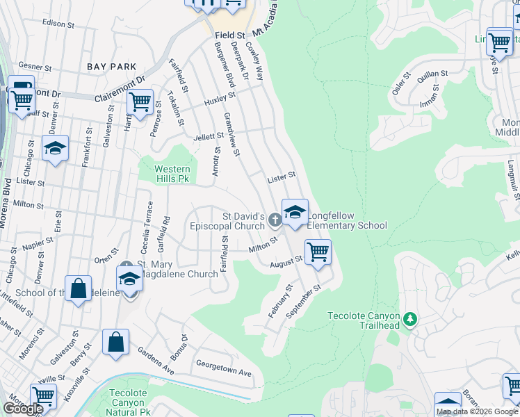 map of restaurants, bars, coffee shops, grocery stores, and more near 2348 Grandview Street in San Diego