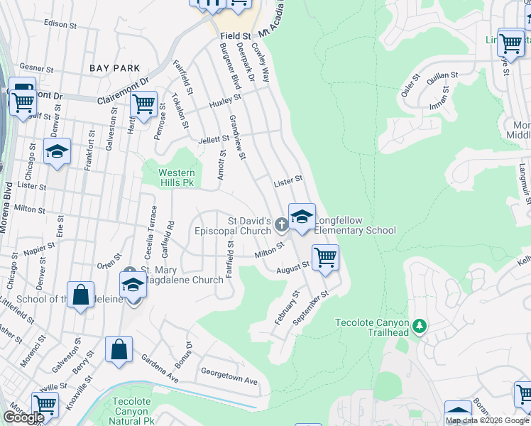 map of restaurants, bars, coffee shops, grocery stores, and more near 2348 Grandview Street in San Diego