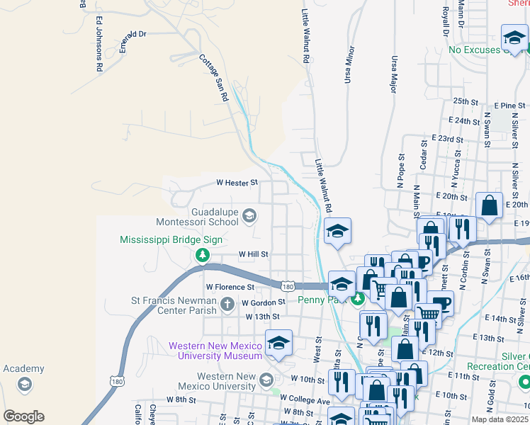 map of restaurants, bars, coffee shops, grocery stores, and more near 1813 North Alabama Street in Silver City