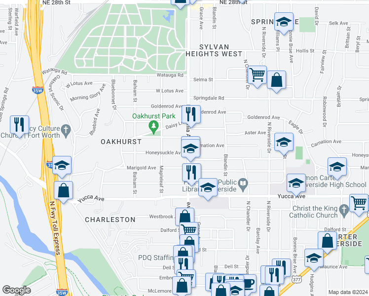 map of restaurants, bars, coffee shops, grocery stores, and more near 1605 North Sylvania Avenue in Fort Worth