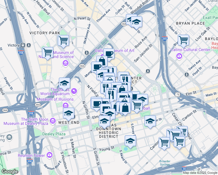 map of restaurants, bars, coffee shops, grocery stores, and more near 500 North Akard Street in Dallas