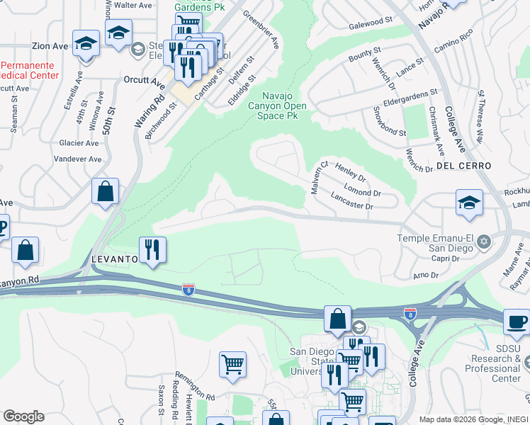 map of restaurants, bars, coffee shops, grocery stores, and more near 5681 Del Cerro Boulevard in San Diego