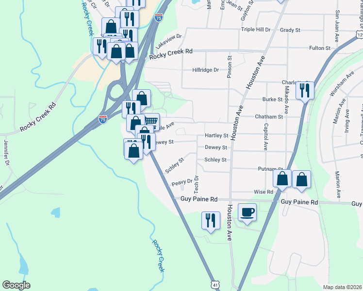 map of restaurants, bars, coffee shops, grocery stores, and more near 1346 Dewey Street in Macon