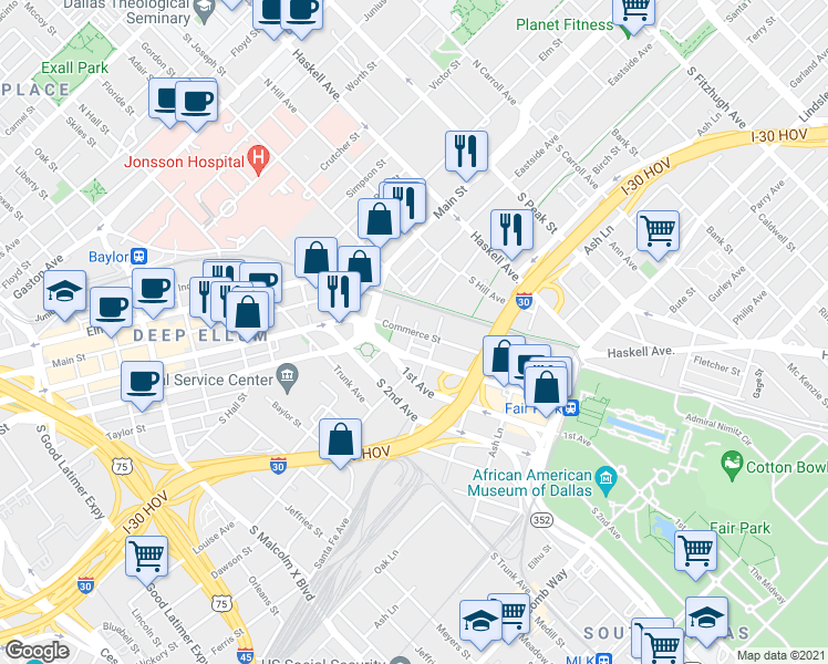 map of restaurants, bars, coffee shops, grocery stores, and more near Commerce St & Benson St in Dallas