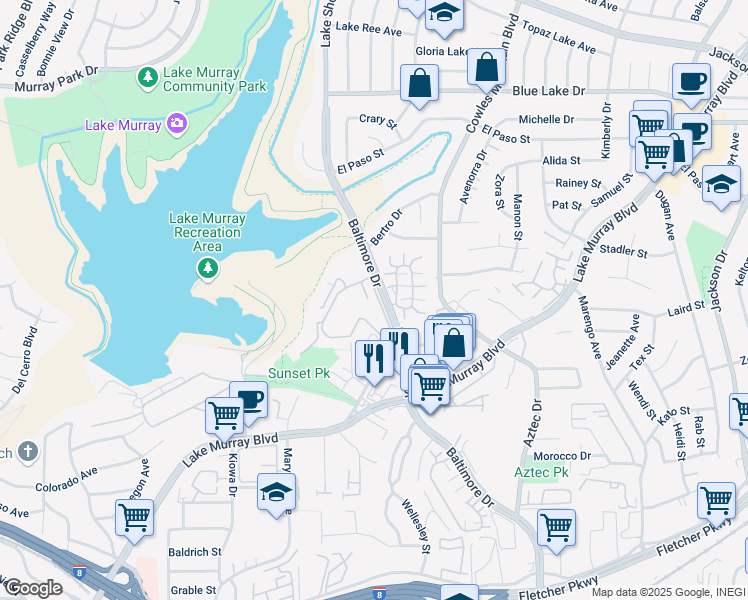 map of restaurants, bars, coffee shops, grocery stores, and more near in La Mesa