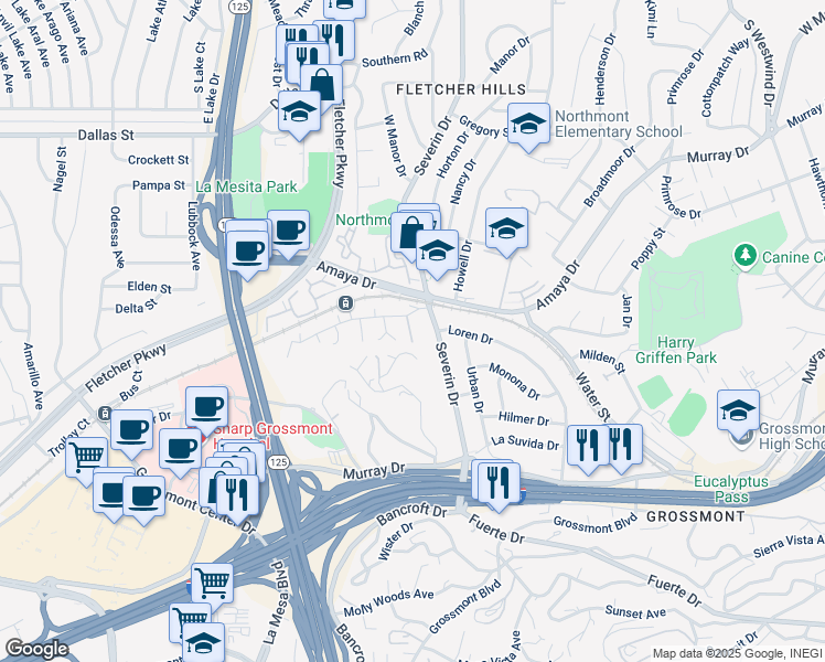 map of restaurants, bars, coffee shops, grocery stores, and more near 5810 Severin Drive in La Mesa