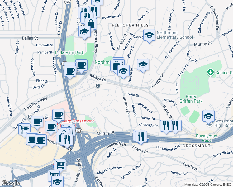 map of restaurants, bars, coffee shops, grocery stores, and more near 9175 Campina Drive in La Mesa