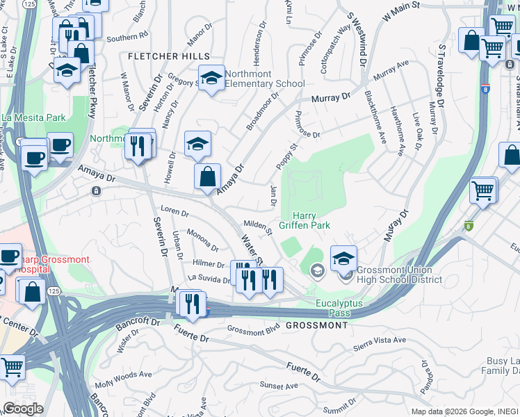 map of restaurants, bars, coffee shops, grocery stores, and more near 9571 Janfred Way in La Mesa