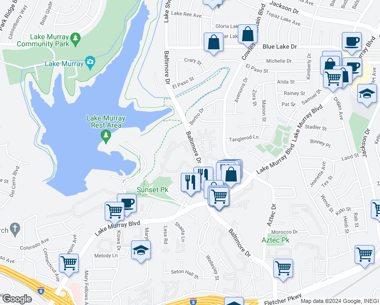 map of restaurants, bars, coffee shops, grocery stores, and more near 5700 Baltimore Drive in La Mesa