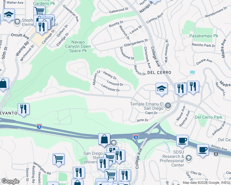map of restaurants, bars, coffee shops, grocery stores, and more near 5982 Breton Way in San Diego