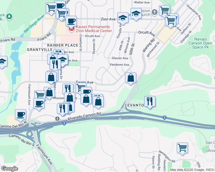 map of restaurants, bars, coffee shops, grocery stores, and more near 4858 Elsa Road in San Diego