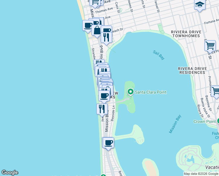 map of restaurants, bars, coffee shops, grocery stores, and more near 7150 Bayside Lane in San Diego
