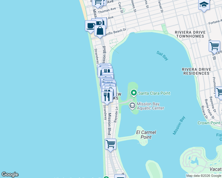 map of restaurants, bars, coffee shops, grocery stores, and more near 7150 Bayside Lane in San Diego