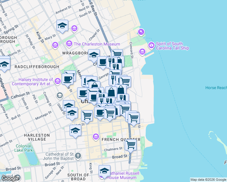 map of restaurants, bars, coffee shops, grocery stores, and more near 287 East Bay Street in Charleston