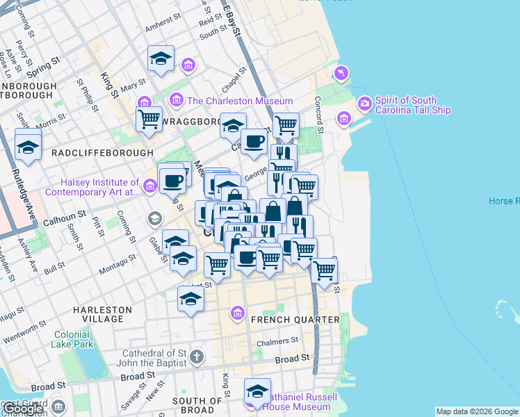 map of restaurants, bars, coffee shops, grocery stores, and more near 30 Wentworth Street in Charleston