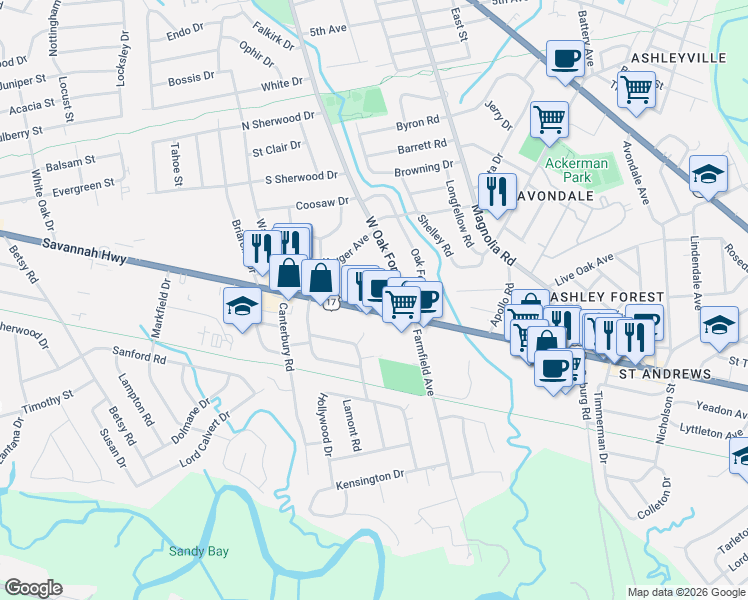 map of restaurants, bars, coffee shops, grocery stores, and more near 1219 Savannah Highway in Charleston