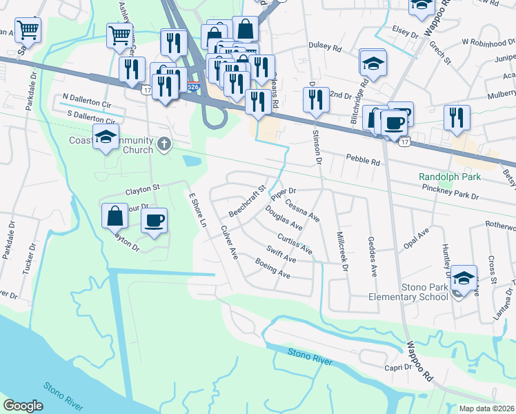 map of restaurants, bars, coffee shops, grocery stores, and more near 355 Douglas Avenue in Charleston