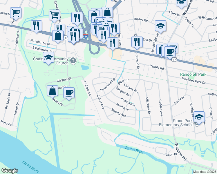map of restaurants, bars, coffee shops, grocery stores, and more near 2024 Piper Drive in Charleston