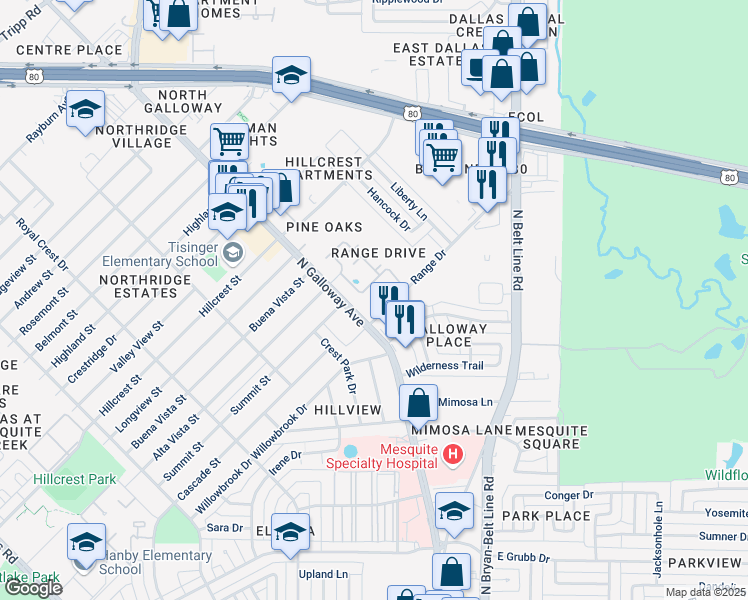 map of restaurants, bars, coffee shops, grocery stores, and more near 1445 Natchez Trce in Mesquite
