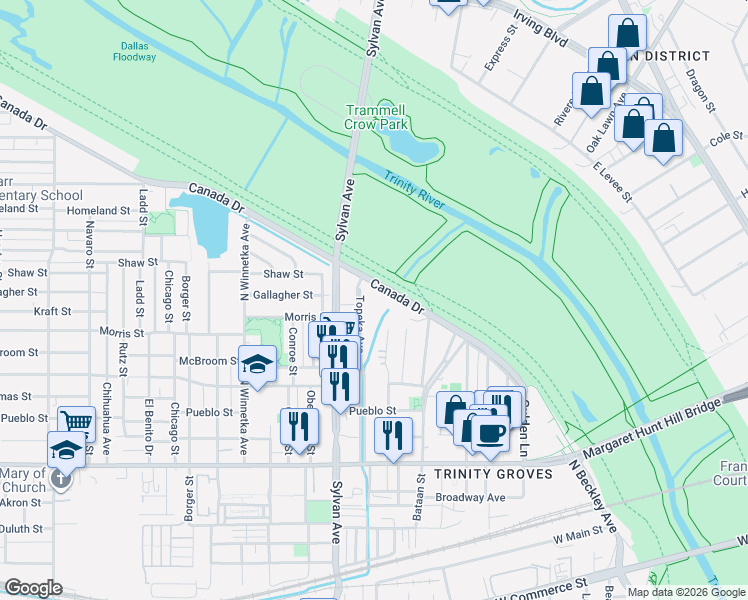 map of restaurants, bars, coffee shops, grocery stores, and more near 3348 Topeka Avenue in Dallas