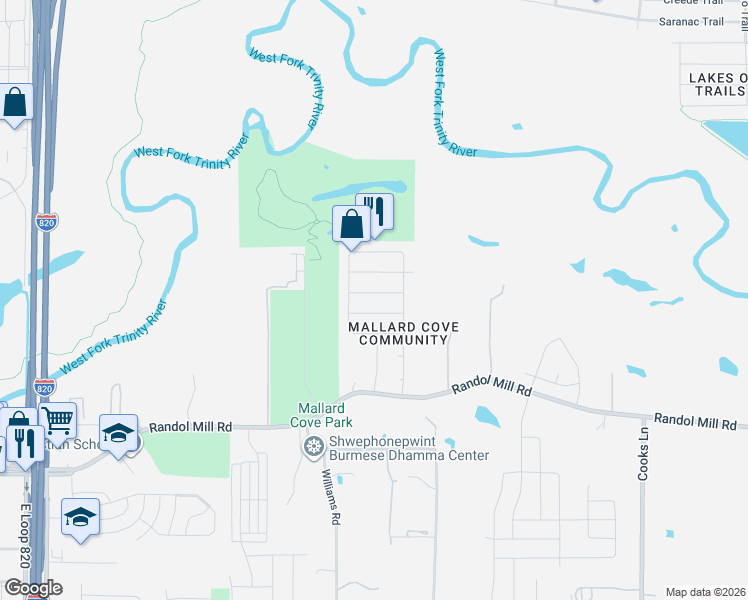 map of restaurants, bars, coffee shops, grocery stores, and more near 7236 Retriever Lane in Fort Worth